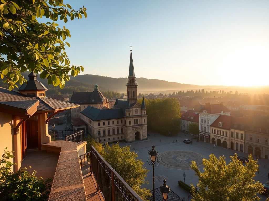 Panorama Legnicy z widocznym zamkiem i katedrą na tle błękitnego nieba